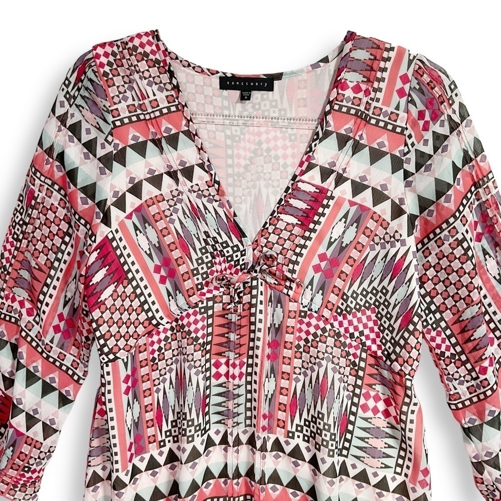 Sanctuary Southwest Boho Dress Sz S V Neck Ruffle Pink Coastal Cowgirl - Picture 2 of 11